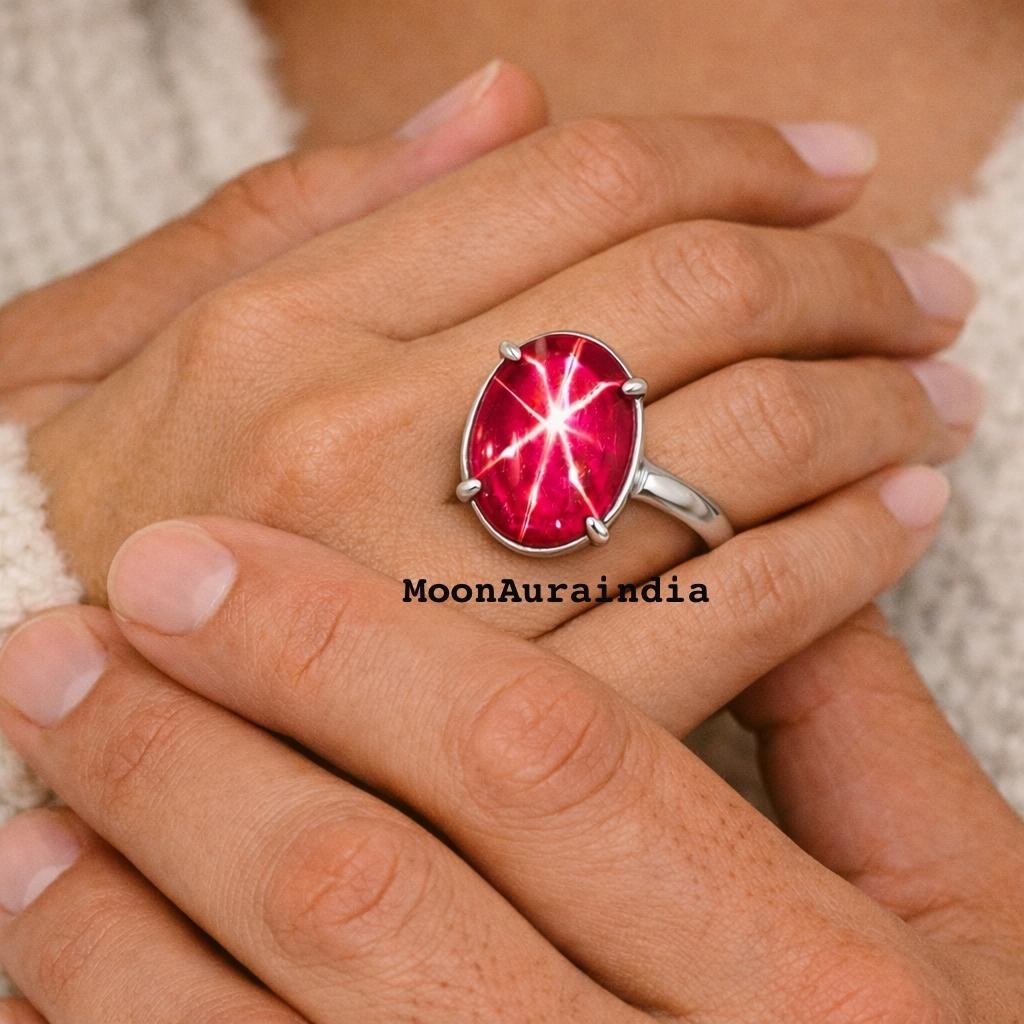 24CTs Natural Star Ruby Ring Gemstone Oval cut 925 Silver Ring 6 Rays star Ruby