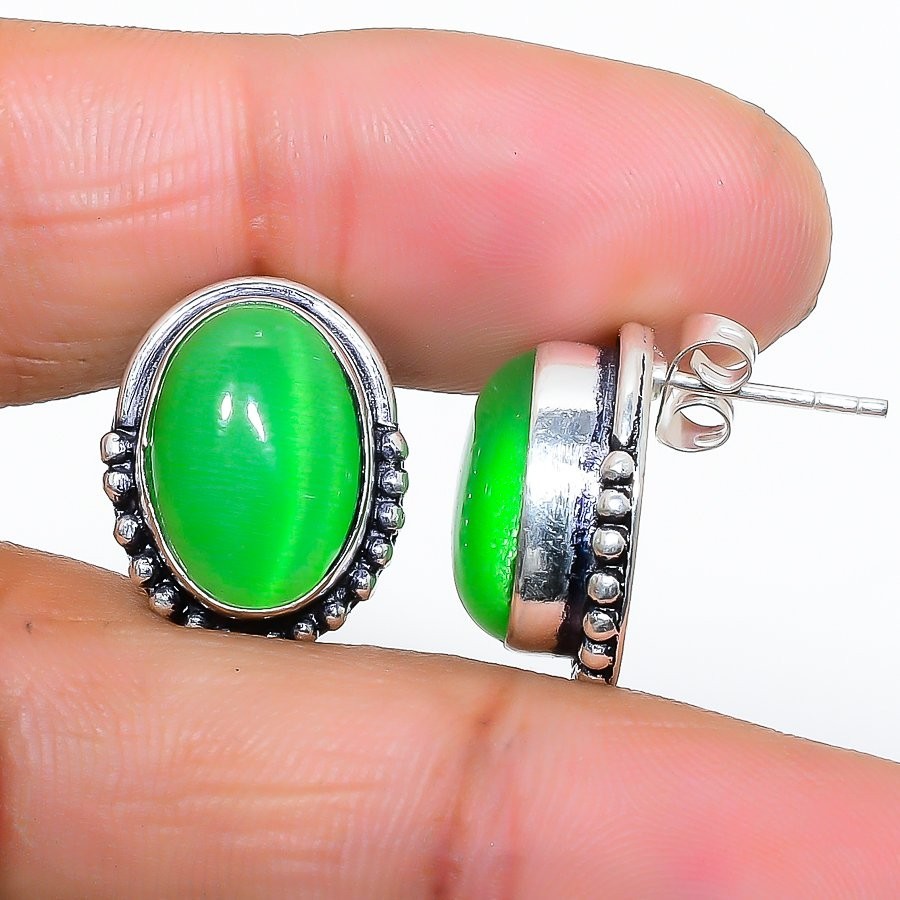 Green Monalisa Gemstone 925 Sterling Silver Jewelry Stud Earring Size 0.75″