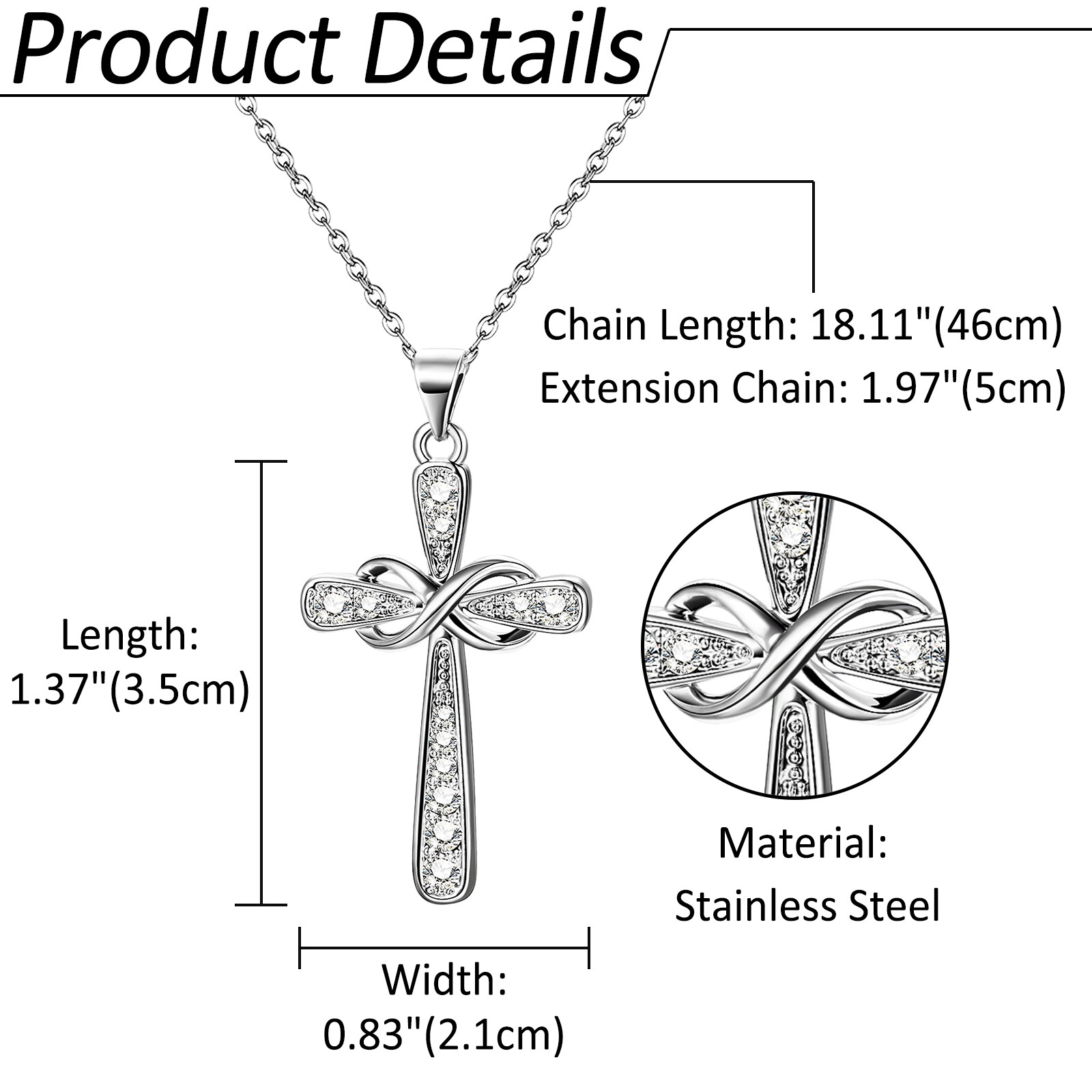 Women’s Infinity Love Cross Cubic Zirconia Stainless Steel Pendant Necklace Gift