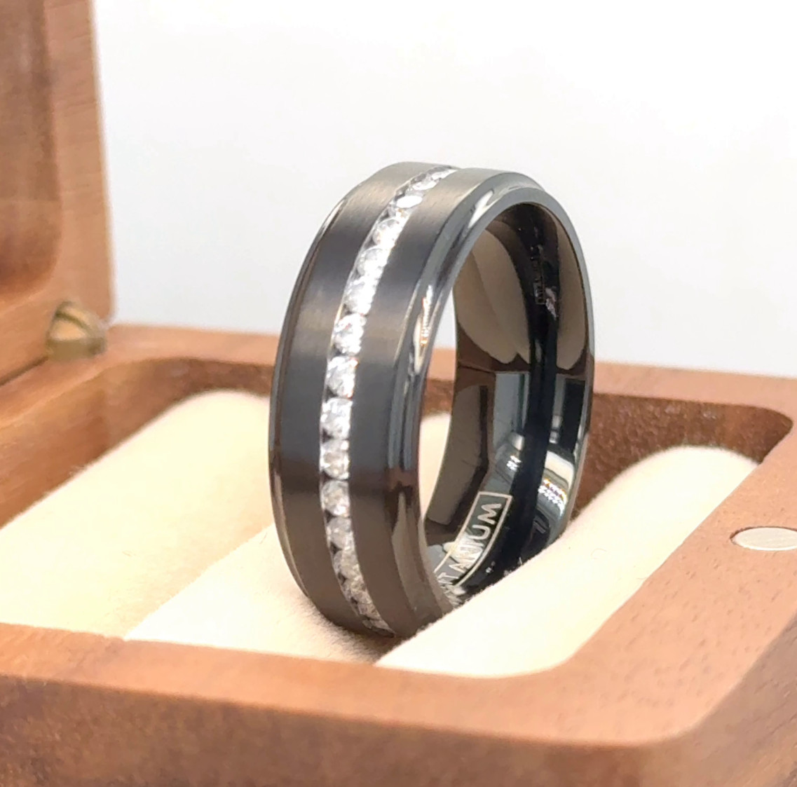 8mm Black Titanium Band CZ Inlay Polished Edge Ring Anniversary Gift Unisex Band