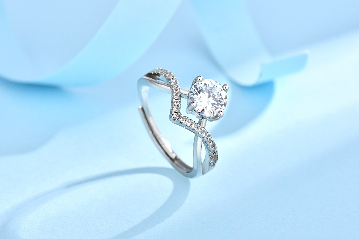 Women Simulated Moissanite Ring Adjustable Open Band Wedding Engagement Ring