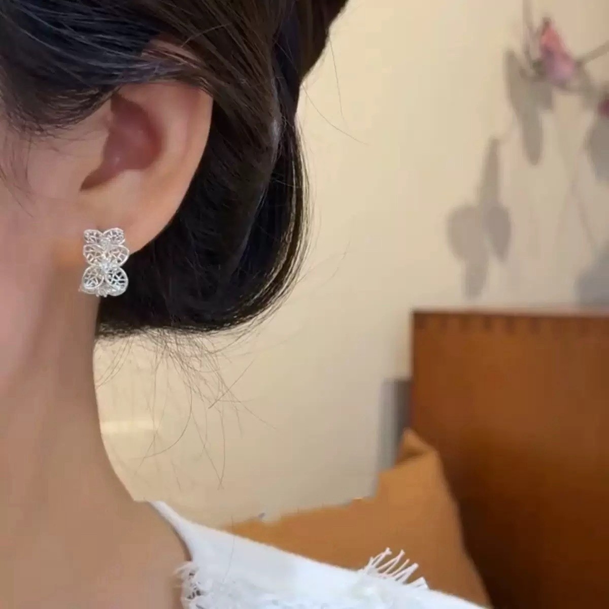 925 Silver Hollow Flower Stud Earrings Minimalist CZ Floral Bridal Gift A77