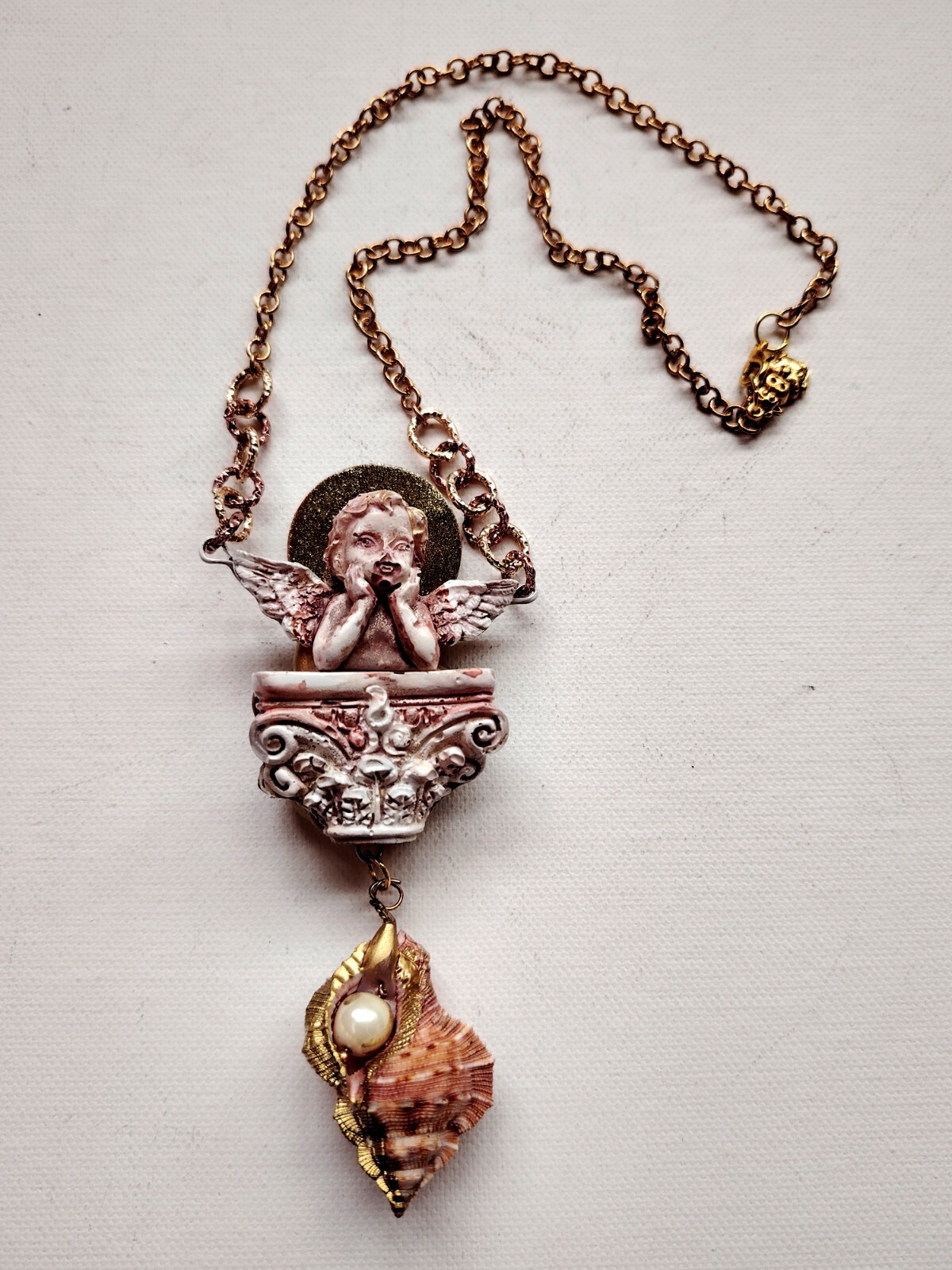 Necklace Winged Angel Cherub Talisman Baroque Pendant Amulet Shell Charm Jewelry