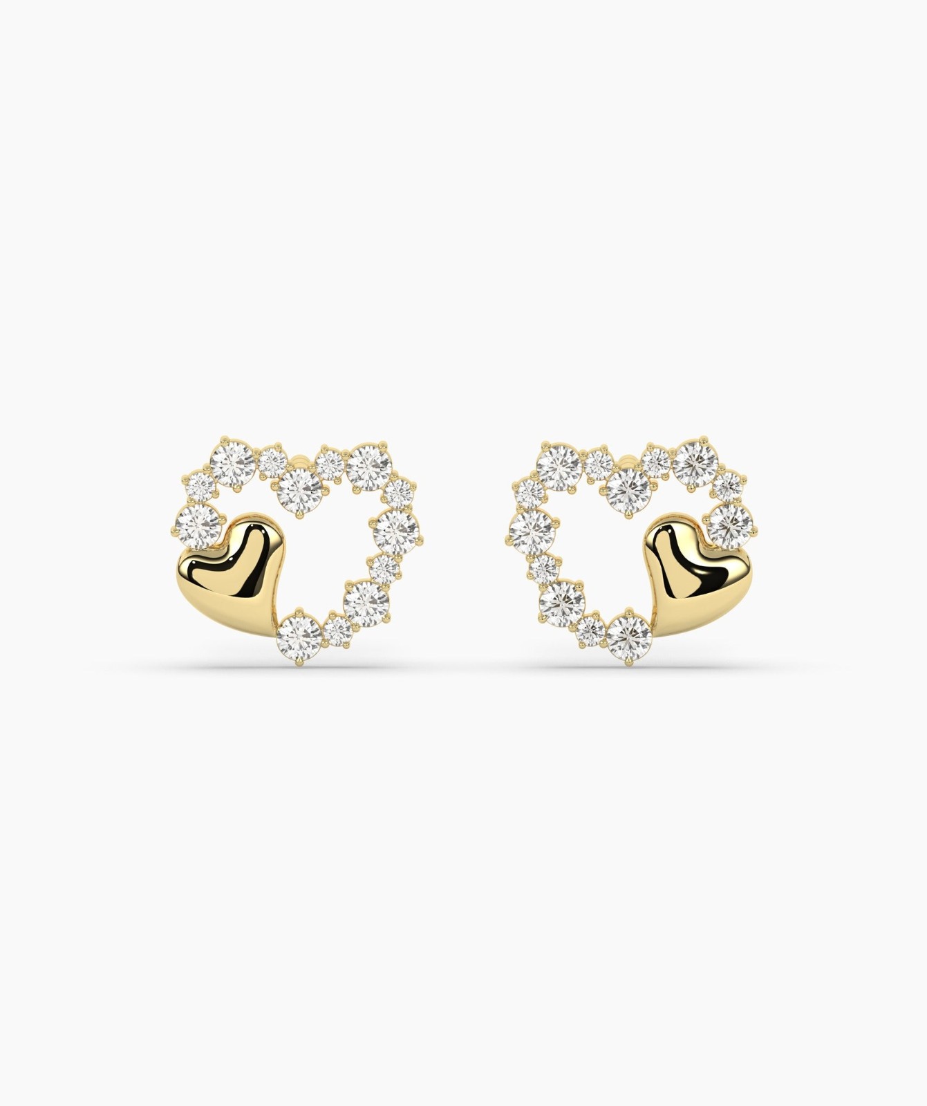 Round Cut Lab Grown Diamond 14K Gold Double Heart Diamond Stud Fine Earrings