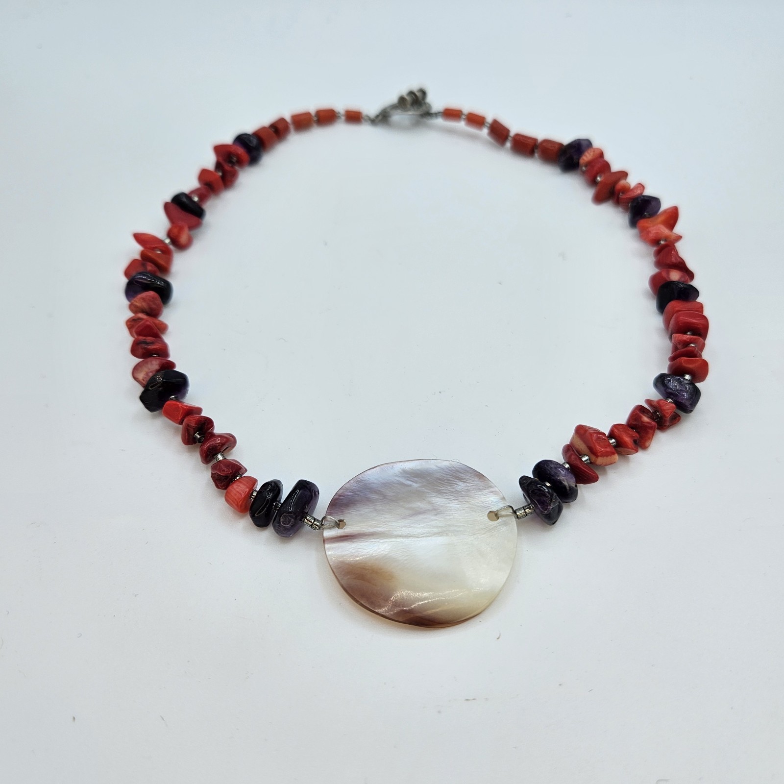 Natural Red Coral Amethyst Bead Necklace Mother of Pearl Shell Pendant Toggle