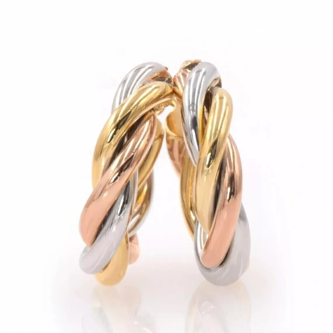 Estate Vintage 14K Yellow Rose White Gold Plated TRI Color Hoop Earrings