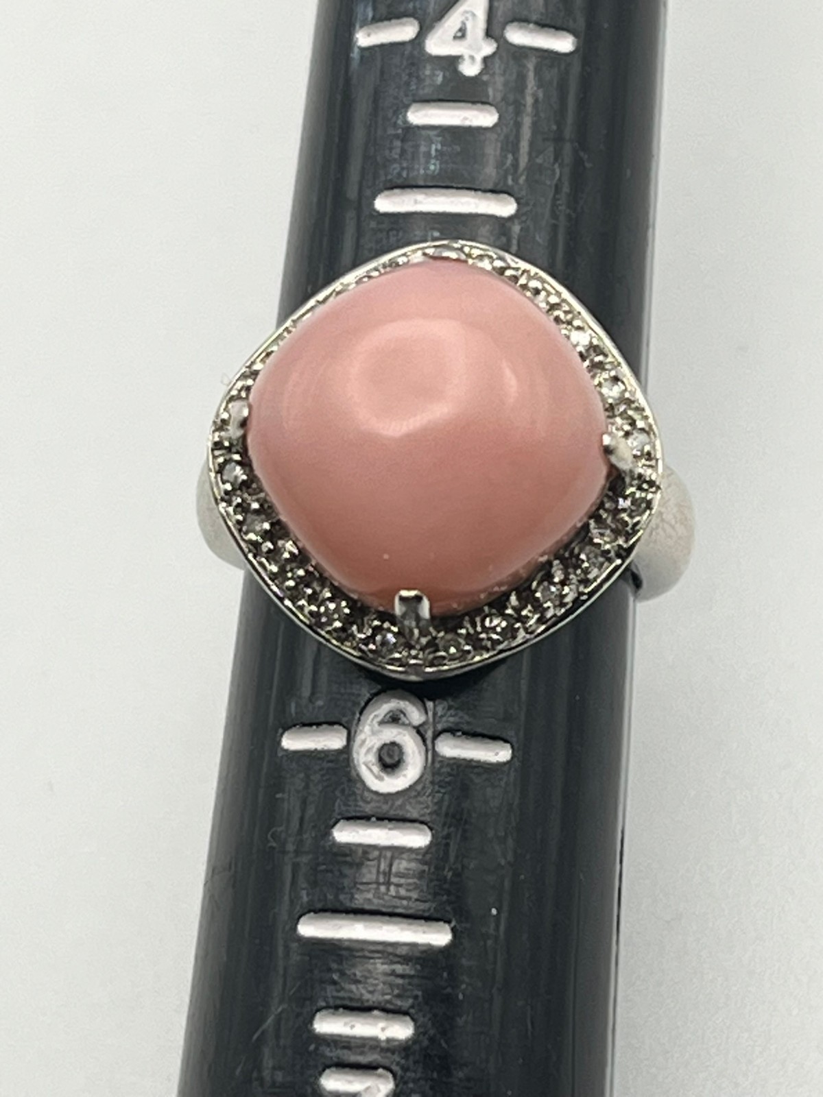 14K Solid White Gold Pink Coral Stone and Diamond Halo Ring Size 5.25