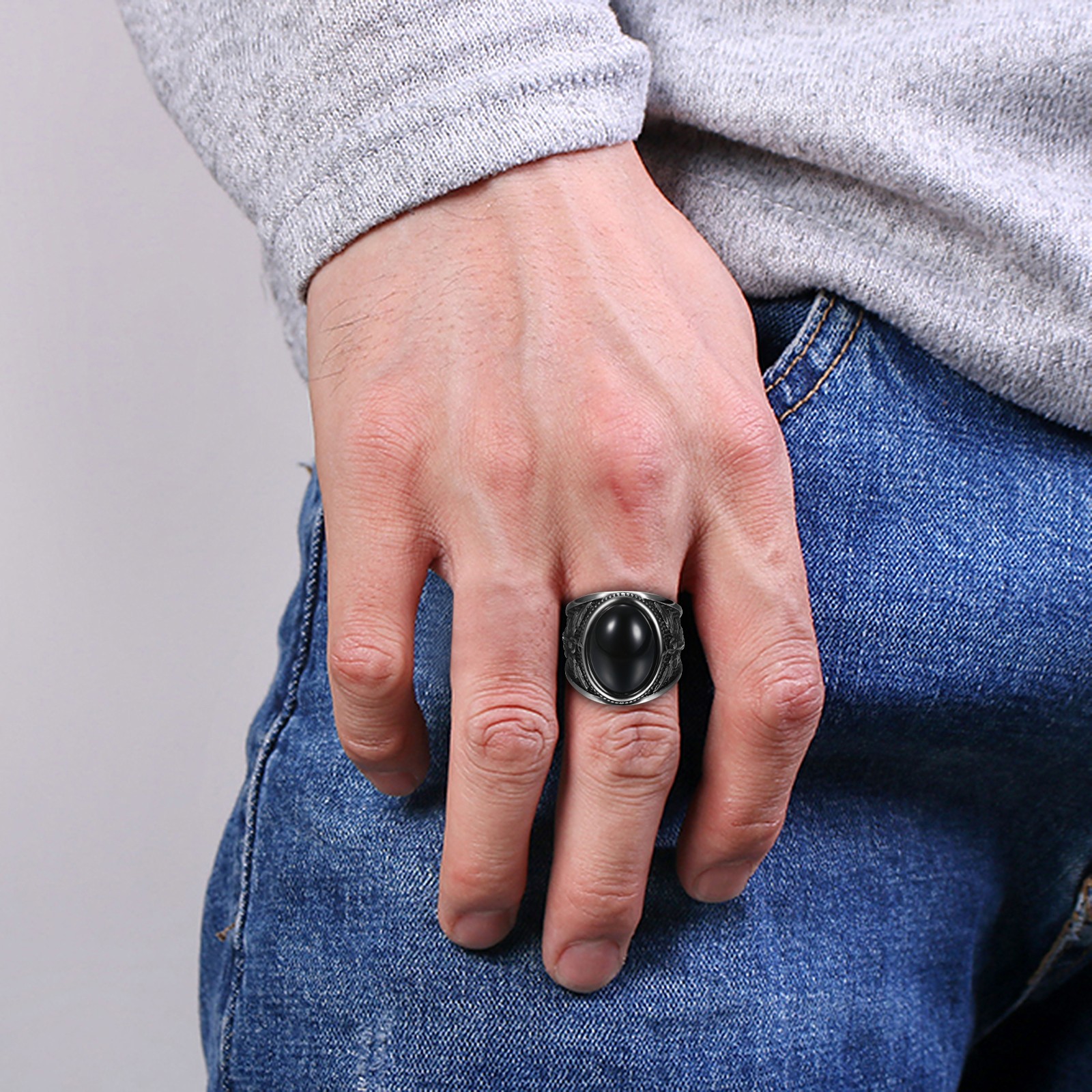 Mens St Michael Oval Turquoise Protecting Ring Stainless Steel Signet Band #8-13