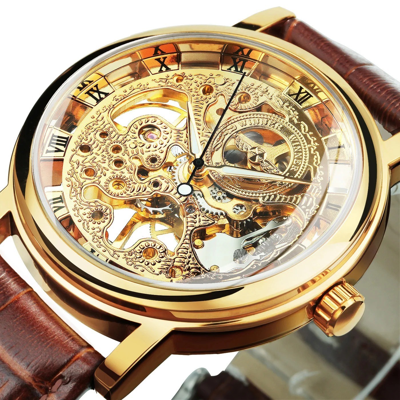 Jacob Transparent Gold Skeleton Mechanical Watch Casual Leather Strap Men