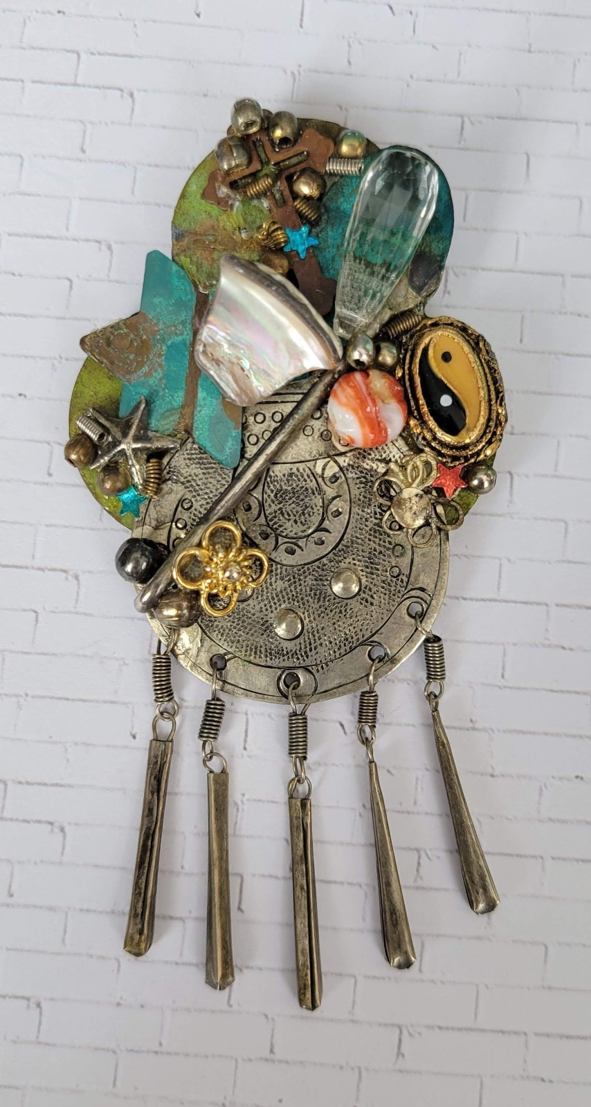 Vintage Artisan Handcrafted Abstract Design Mixed Media Pin Brooch