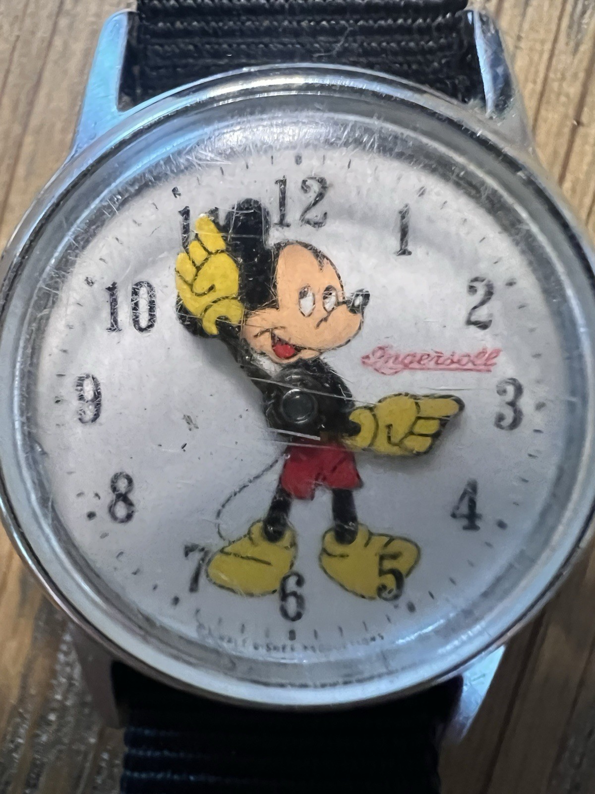Ingersoll Mickey Mouse Manual Wind Vintage Watch 1950s Silver Case Black Nylon