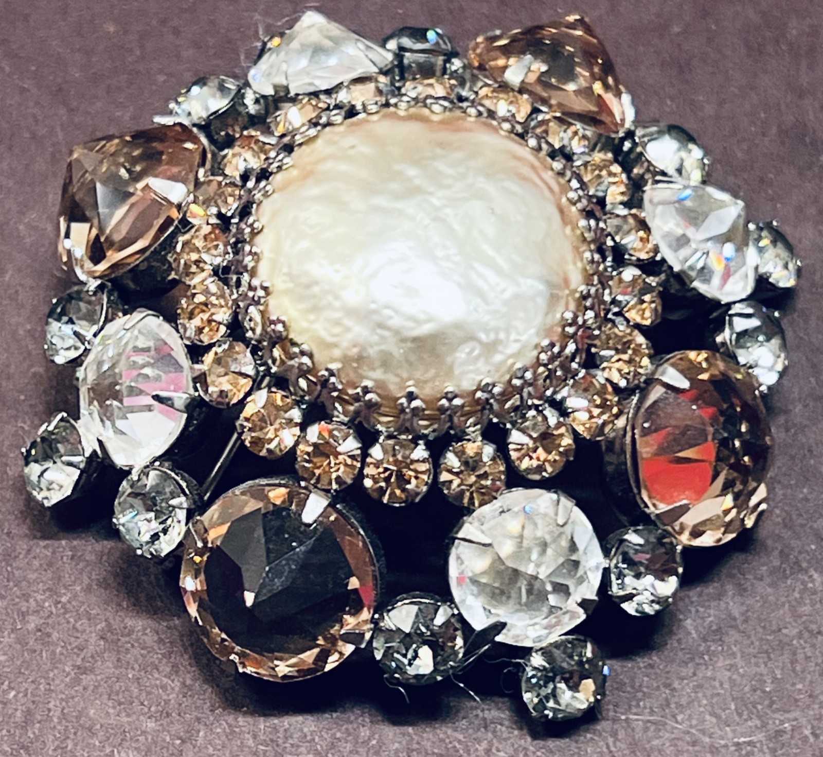 Ravishing, Big Signed Schreiner NY Brooch: Beige & Gray Stones & Mabe Pearl