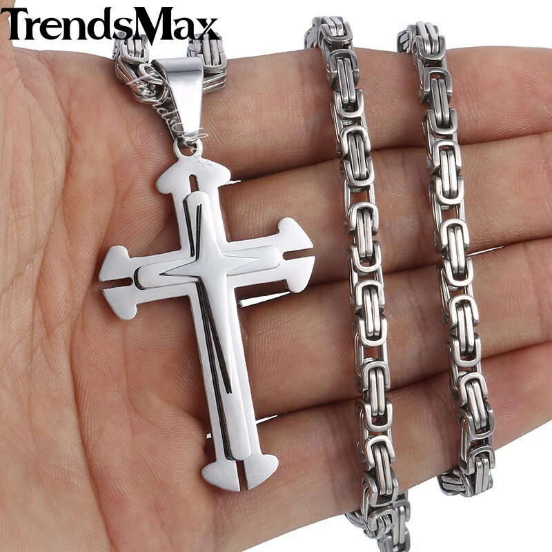 Cross Necklace for Men Gold Plated Stainless Steel 18″-30″ Byzantine Box Chain