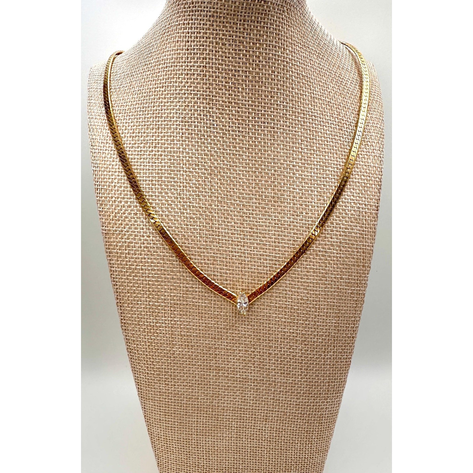 Gold Tone Herringbone | Marquise Cut Glass Pendant | Vintage Necklace