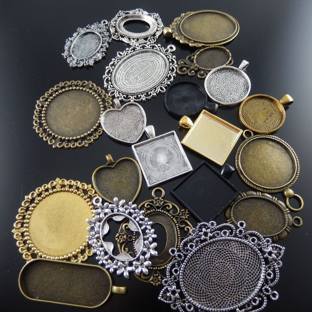 10Pcs Mixed Color Multi-Style Alloy Cameo Setting Base Pendant Jewelry Findings