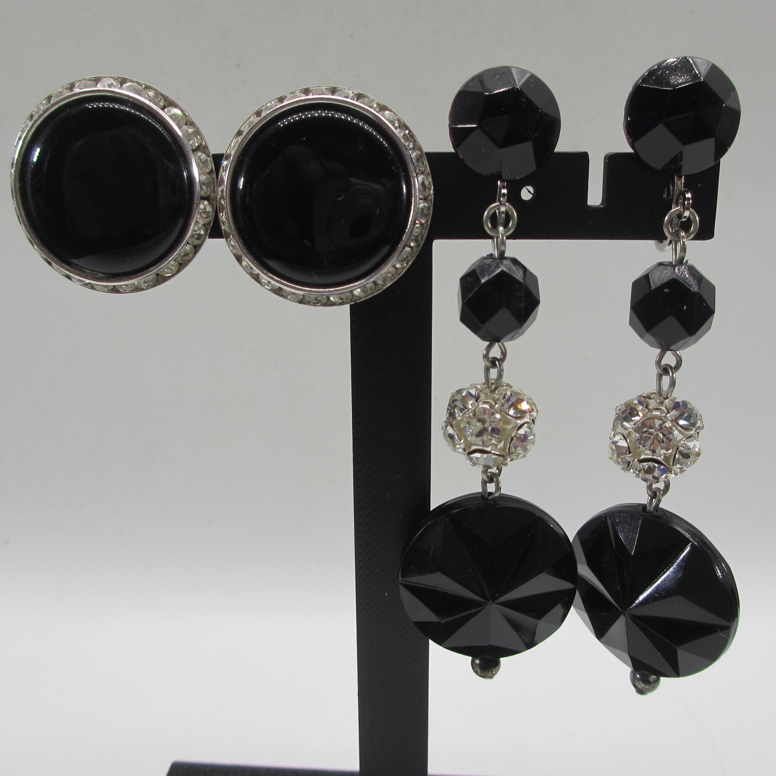 Vintage Rhinestone Earrings Black Button Dangle Drop Acrylic 2 Pair