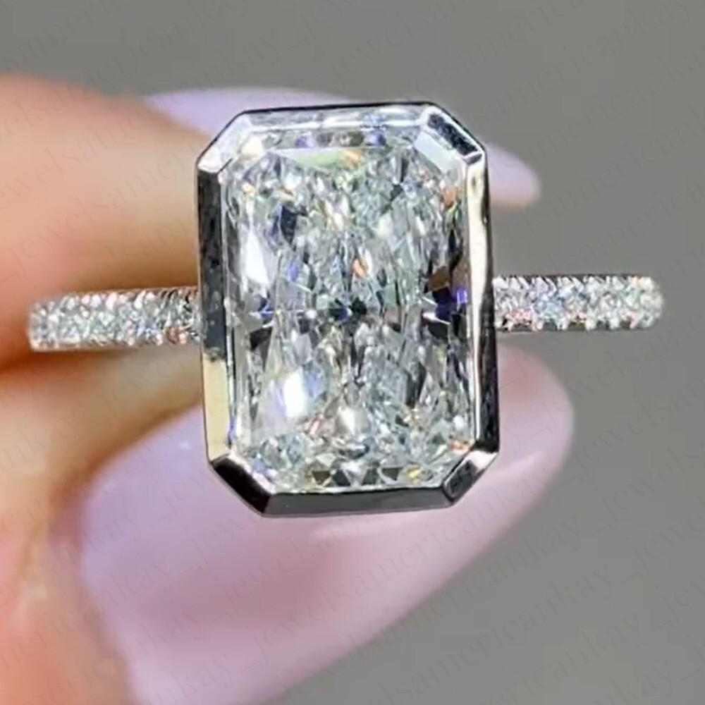 2.30Tcw Radiant Cut Moissanite Bezel Set Engagement Ring 14K White Gold Plated
