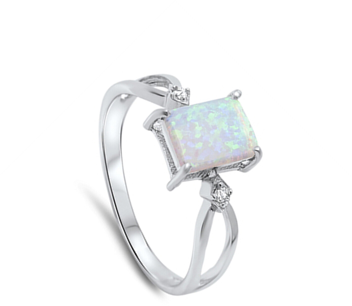 White Lab Opal Criss Cross Square Solitaire Ring Sterling Silver Band Sizes 4-12