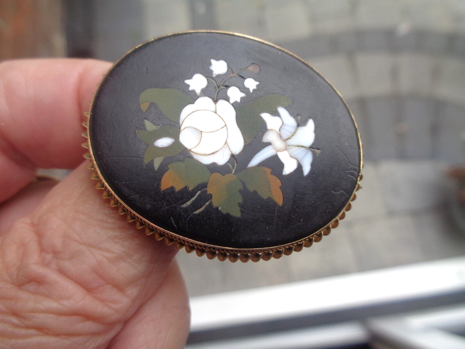 Pietra Dura Mosaic Booch Earrings Set Victorian Antique 15ct Gold Floral c1880s