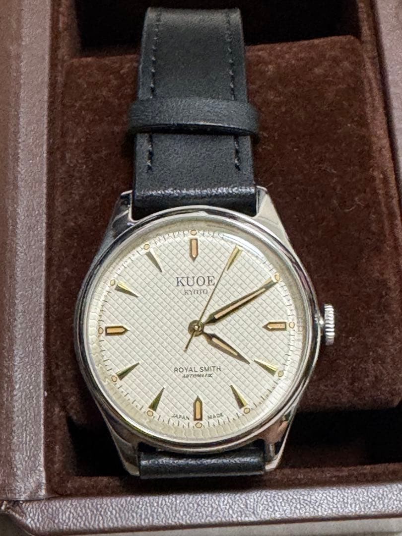 KUOE Kyoto Royal Smith 90-006 Ivory Waffle Dial Watch Black Leather Band Tested