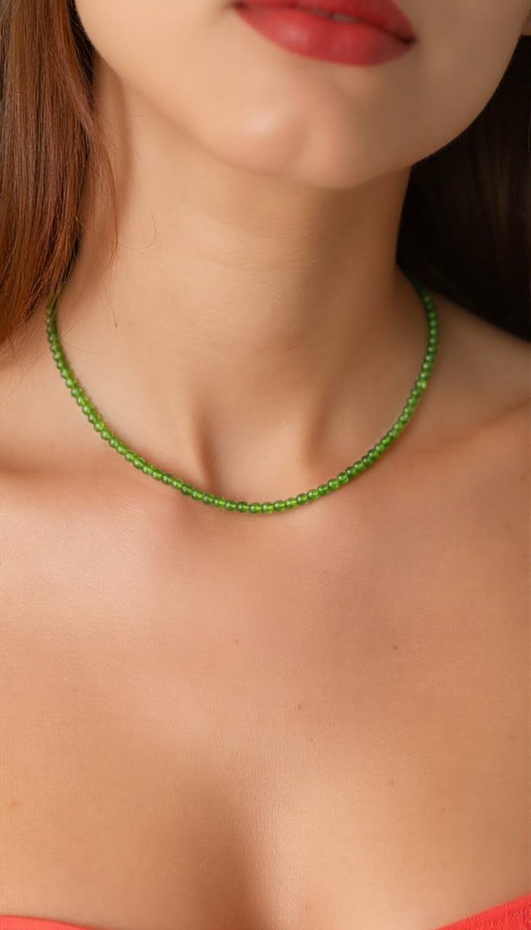 Healing Stone Gemstone Necklace Peridot Ball Shape Ø4mm 925 Silver Clasp