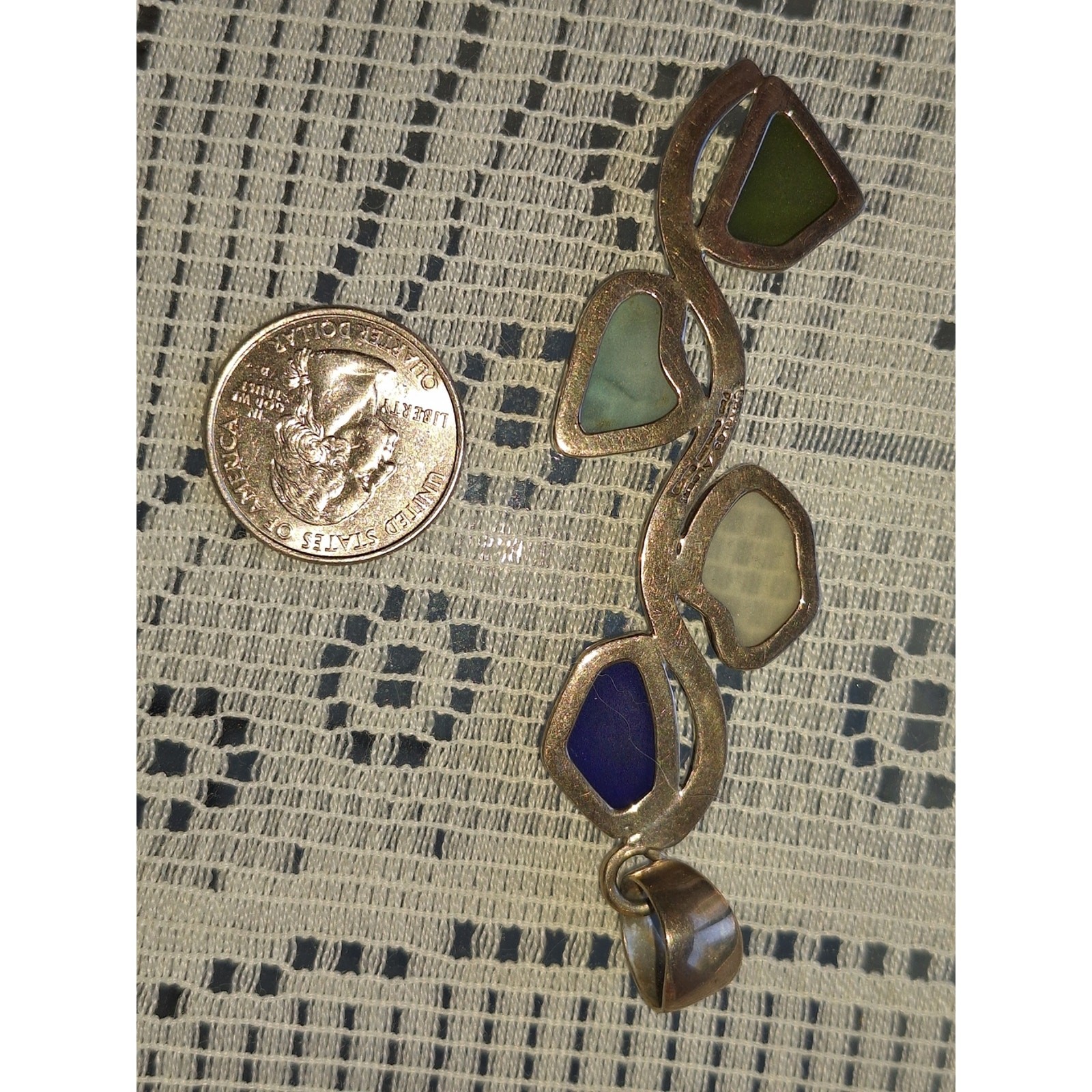 925 Silver Wave Pendant with Blue, Yellow and Green Sea Glass Inlays