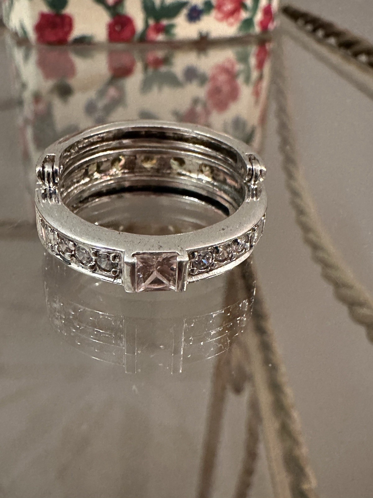 Vintage Avon Silver Tone Flip Ring with Multi Color Rhinestones Signed RJ Sz 10