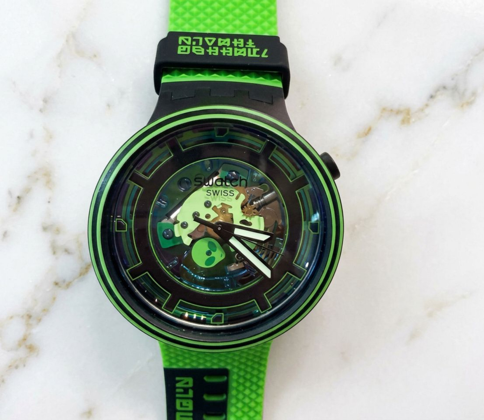 Men’s Swatch Clear Watch Big Bold Come in Peace 47mm Neon Green Silicone Strap