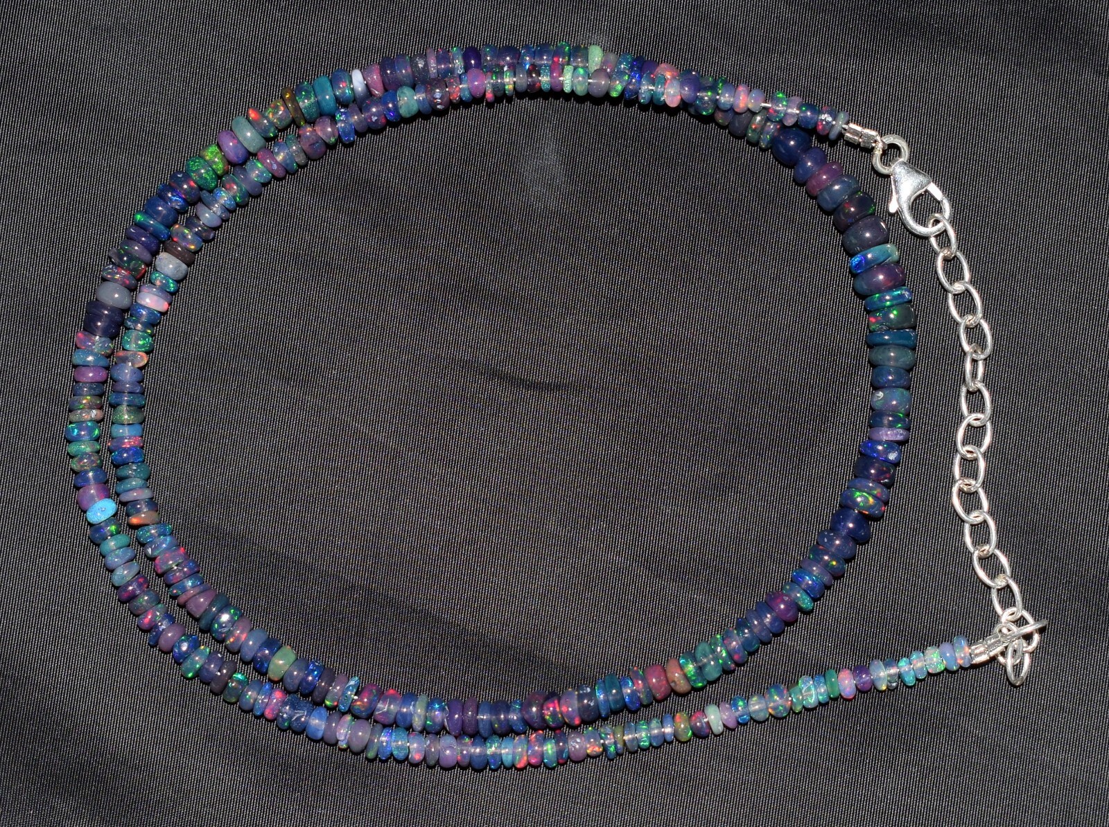 16”Natural Ethiopian Black Opal 925 Sterling Silver Roundel beaded Necklace