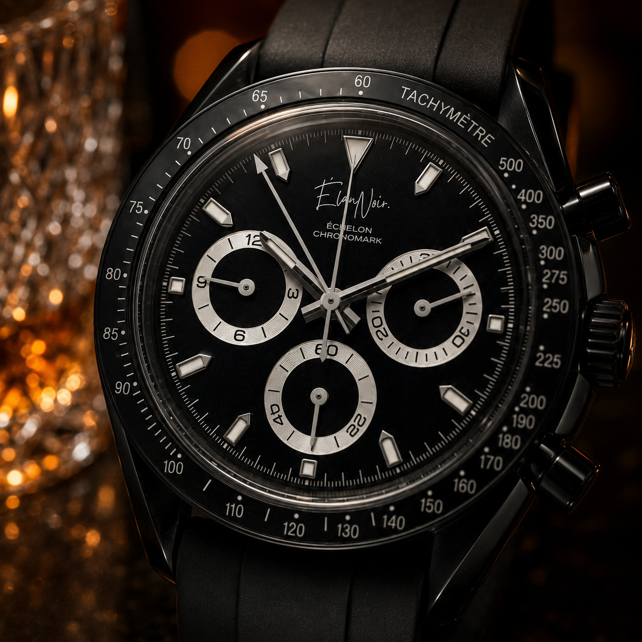 Custom Élan Noir Mens Chronograph Watch Black Dial Sapphire Crystal Steel 40mm