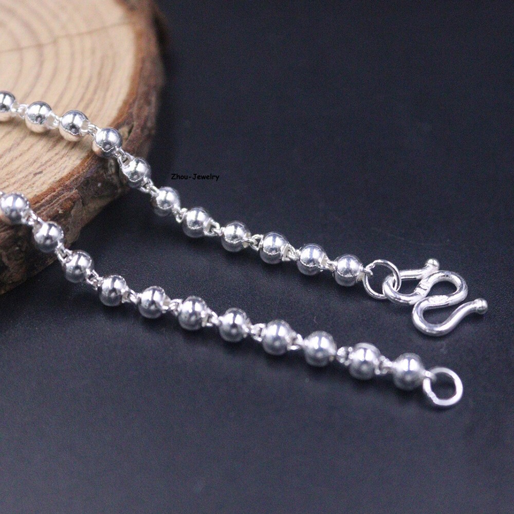 Pure S999 Fine Silver 999 Chain 3mm Lucky Smooth Beads Link Necklace 8-9g 17.9in