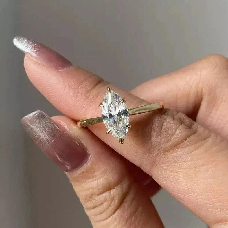14k Yellow Gold Plated Marquise Cut Lab Created Moissanite Engagement Gift Ring