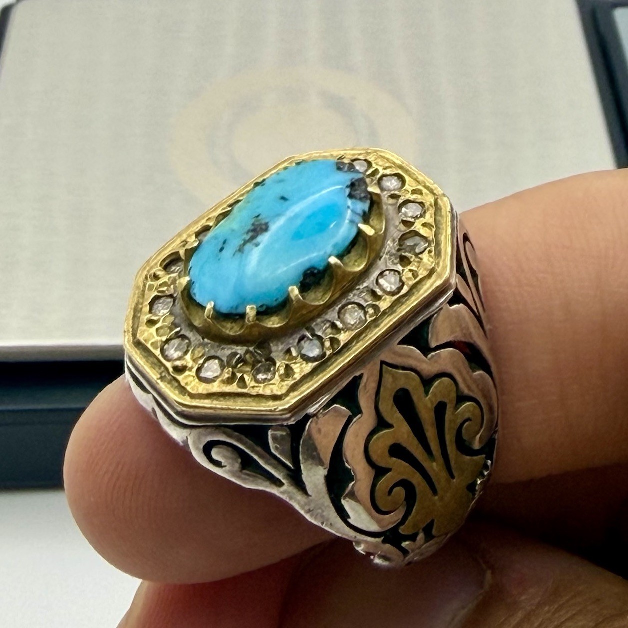 Handmade Men’s Nishapuri Iranian Turquoise Ring 925 Sterling Silver