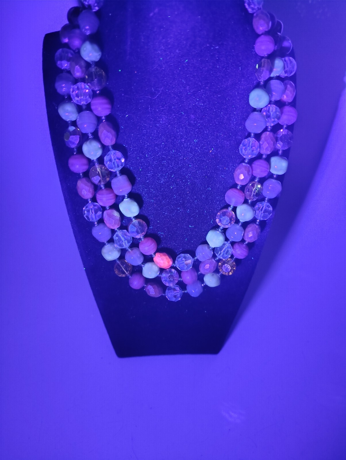 Vintage 3 Strand Glass & Early Plastic Bead Necklace UV Reactive 18″ 114g