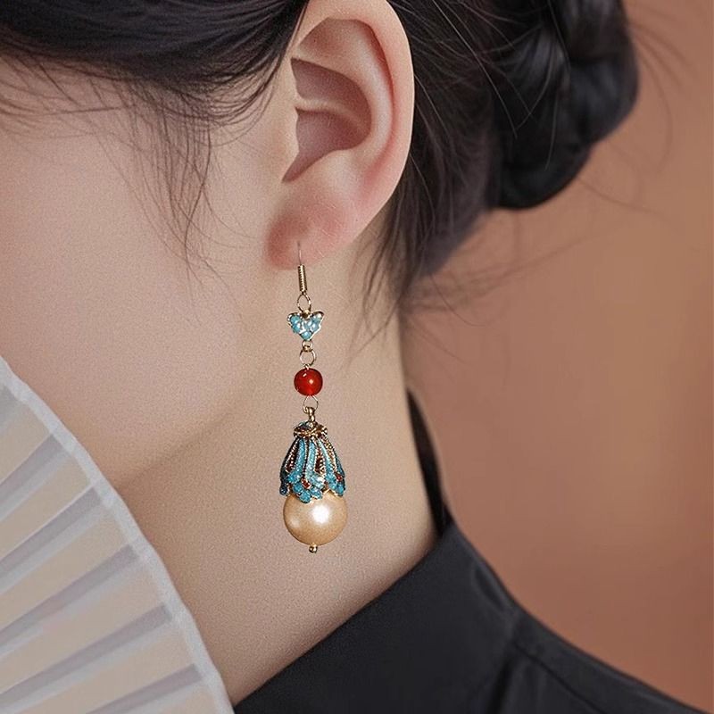 Chinese Style Enamel Red Pearl Dangle Earrings New Chinese Hanfu