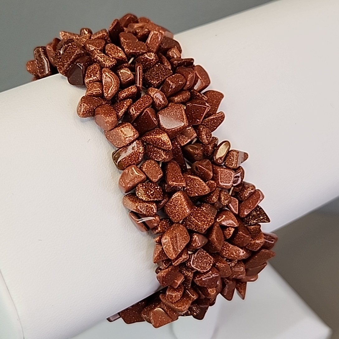 Vintage Goldstone Bracelet Chip Beaded Stretch 3cm Wide