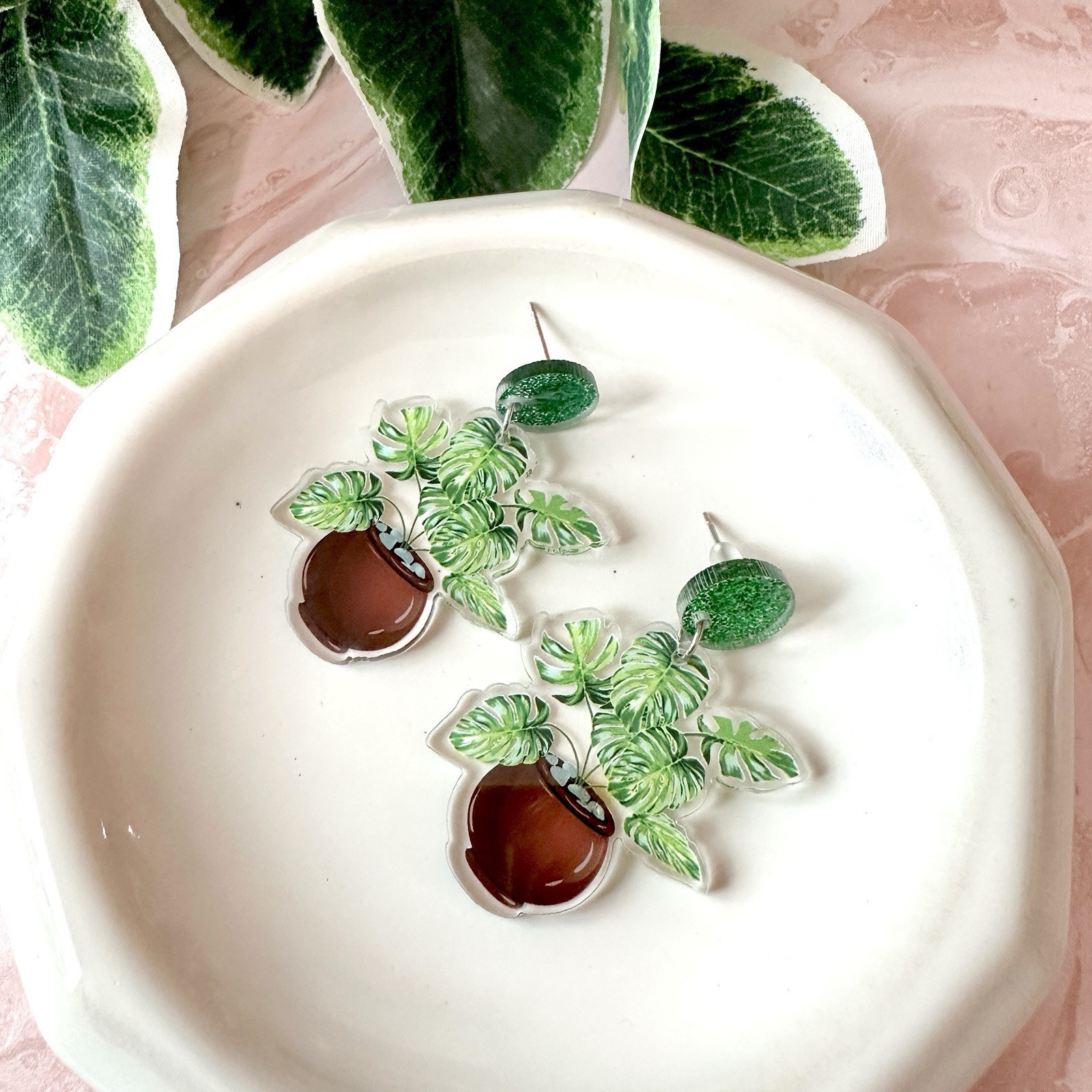 Monstera Leaf Potted Plant Earrings Acrylic Statement Jewelry Plant Lady NEW