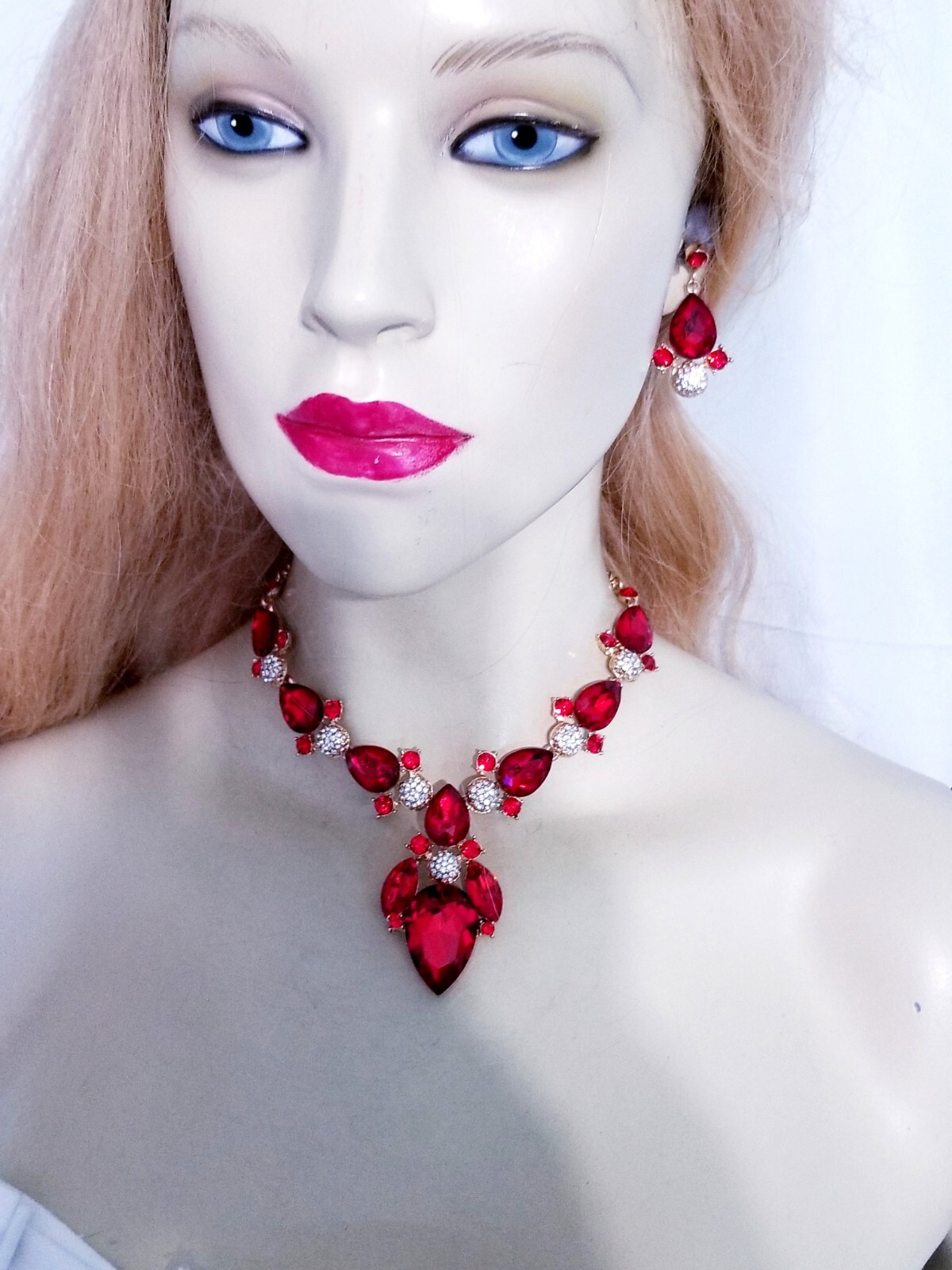 Red Crystal Choker Rhinestone Necklace Earring Set Bridal Prom Pageant