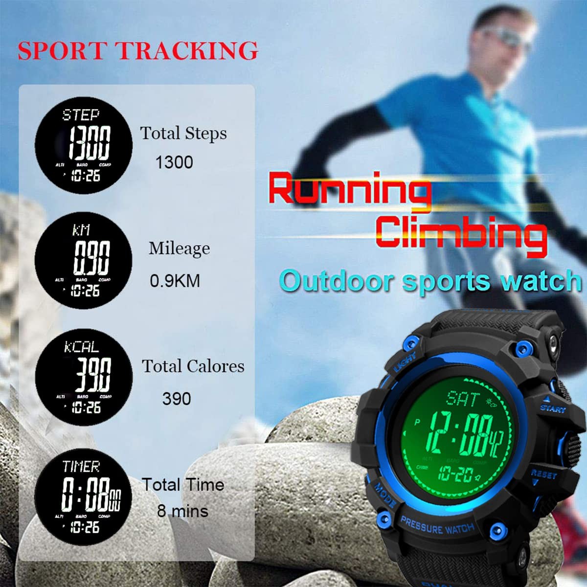 Digital Sport Watch 53mm Compass Altimeter Barometer Pedometer – Waterproof