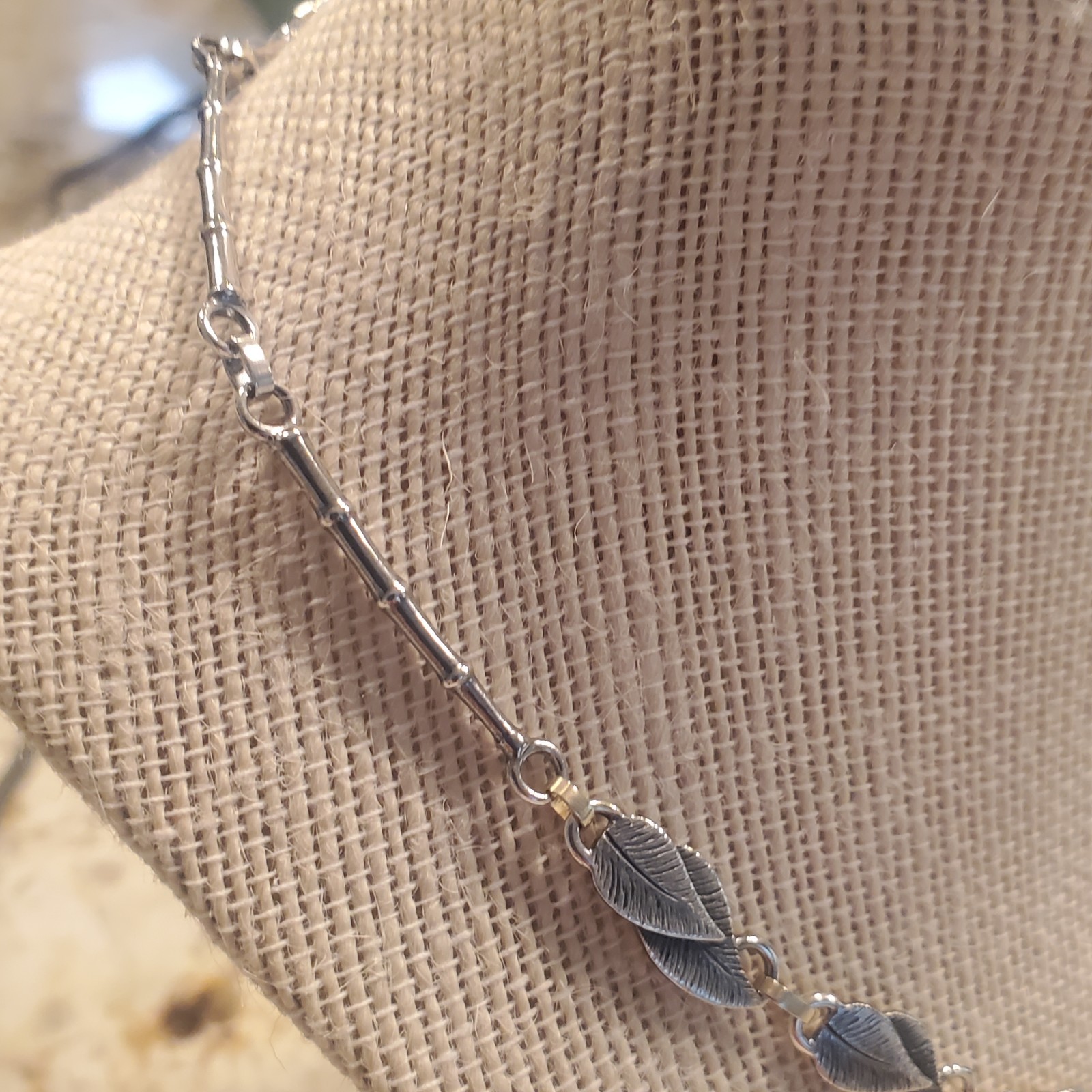 Sterling Silver Leaf & Bamboo style necklace links with diamond