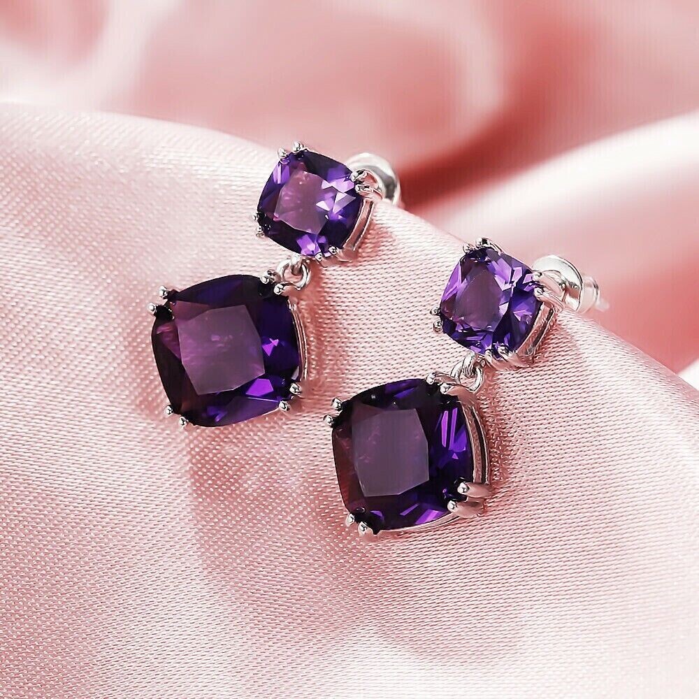 4Ct Cushion Cut Simulated Amethyst Drop/Dangle Earrings In 14K White Gold Plated