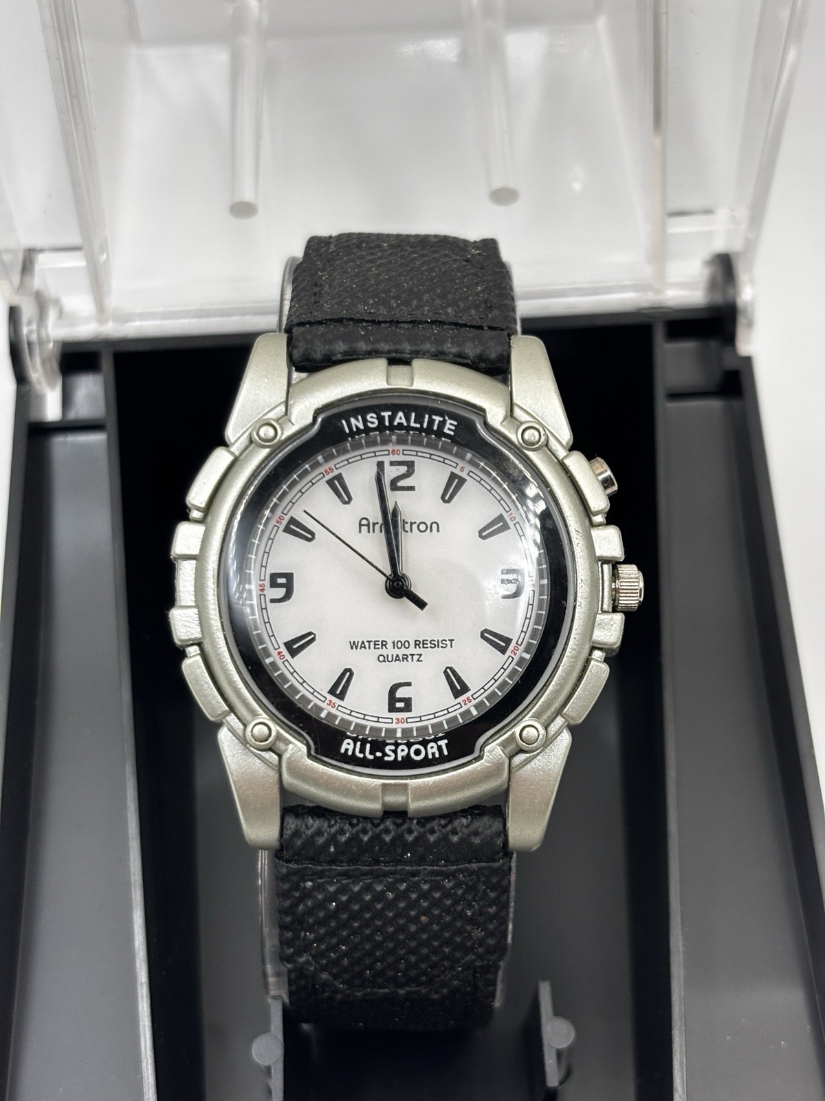 Armitron Instalite Watch Men 30m Silver Black Plastic Battery Light White Quartz