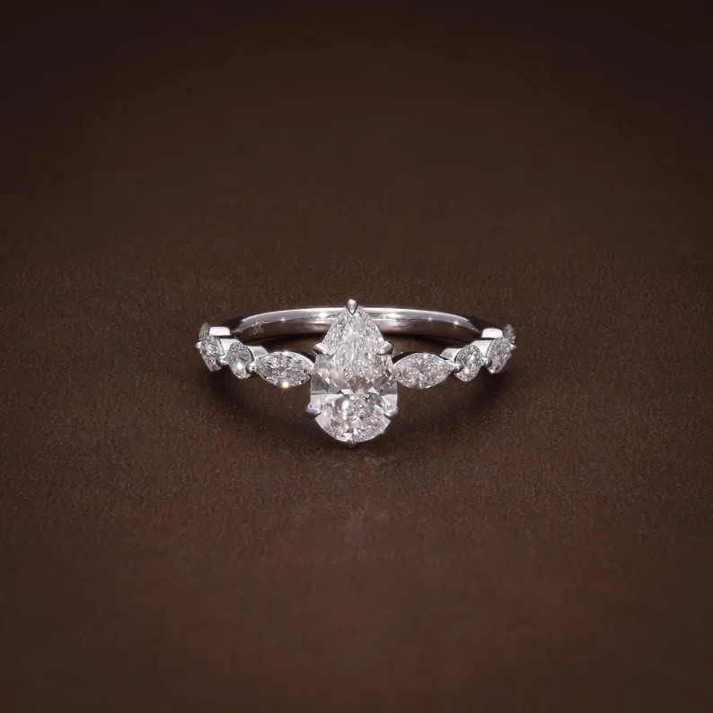 9K White Gold Pear Shape 1.77CT Lab Grown Diamond FG VVS-VS Elegant Bridal Ring