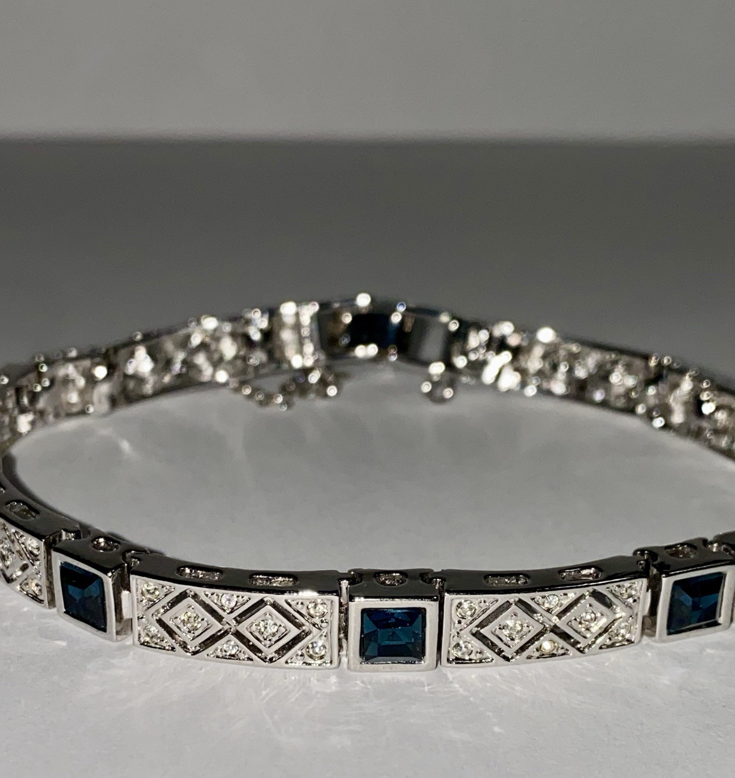 Art Deco Blue Stone and CZs Bracelet With Chain And Safety Clasp Joan Rivers