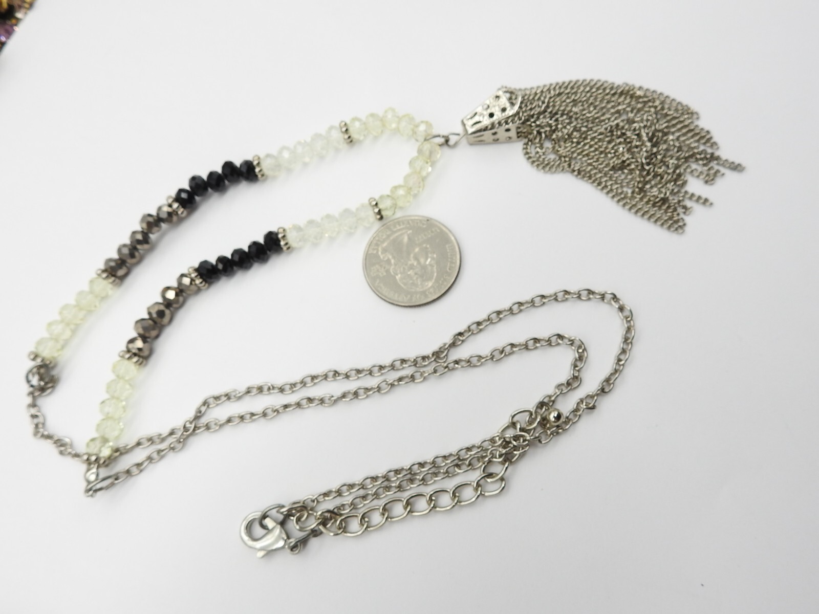 Yellow Gray Black Clear Acrylic Faux Crystal Silver Tone Tassel Necklace Vintage