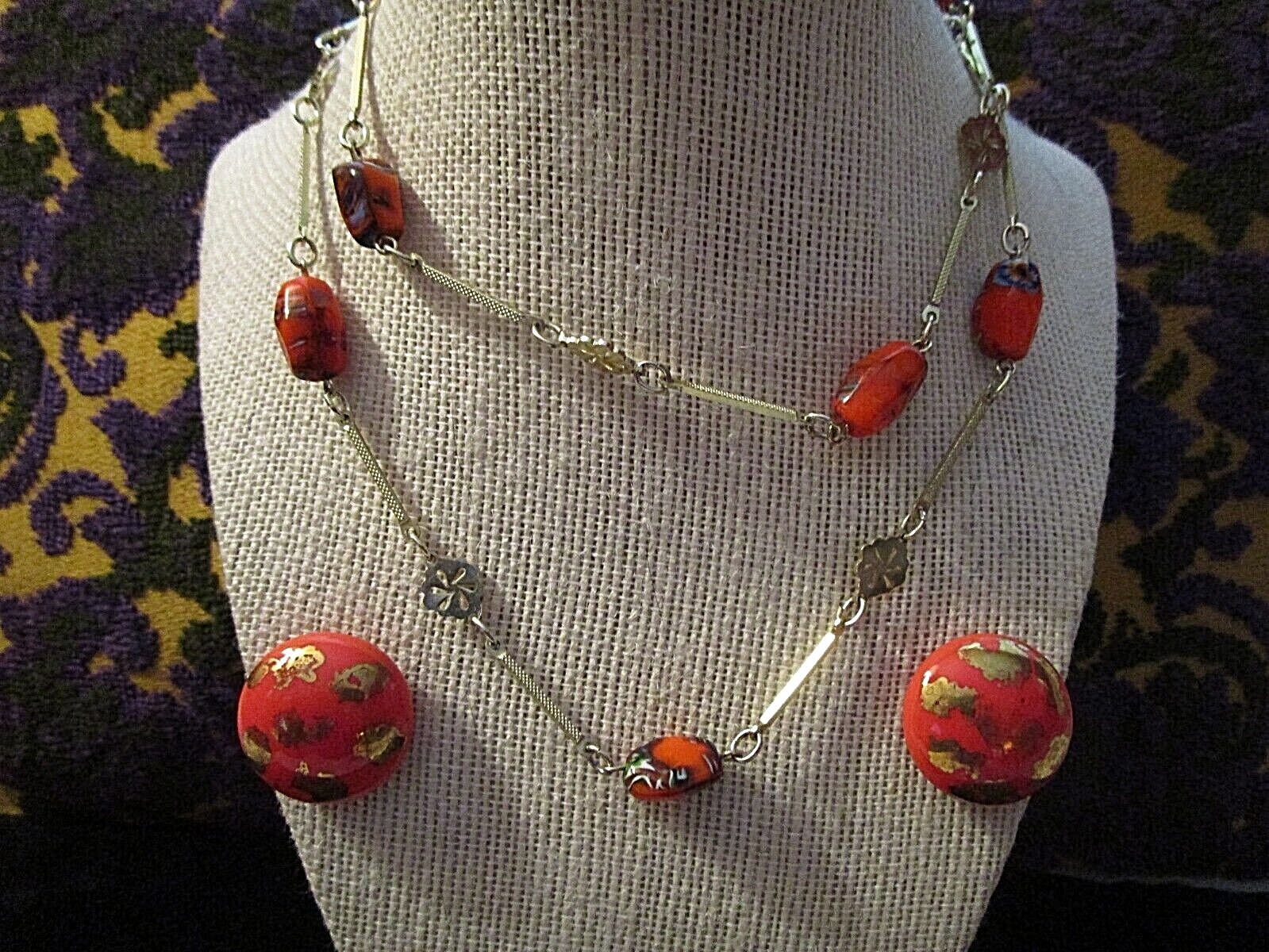 FAB VINTAGE Non-Identical ART GLASS NUGGET BEAD NECKLACE 1″ BAR LINKS + EARRINGS