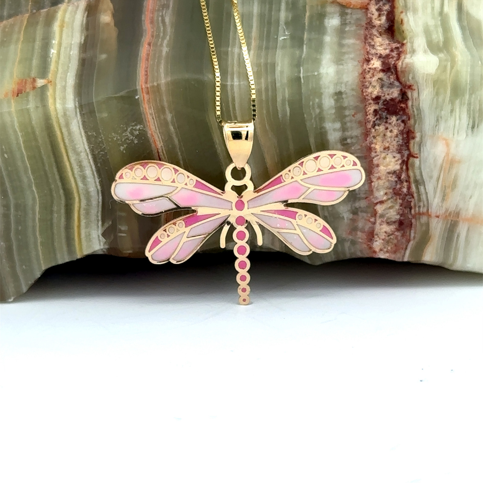 14K Solid Gold Pink Dragonfly Pendant Insect, Animal Necklace Hand-Painted Italy