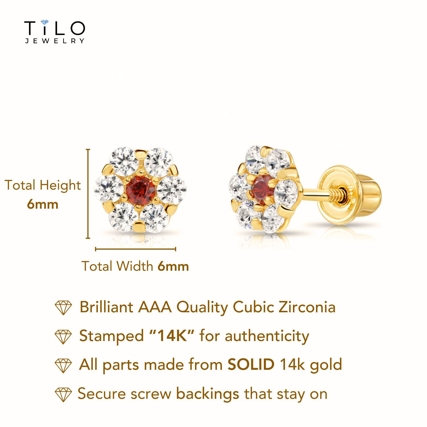 14K Real Solid Gold Flower Halo Birthstone CZ Sleeper Studs Earrings Screw-back