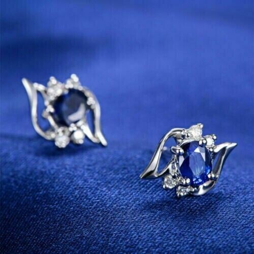 3.50Ct Oval Lab Created Blue Sapphire Women’s Stud Earring 14K White Gold Plated