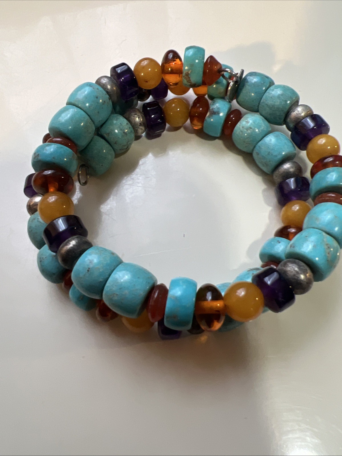 Vtg Mine Finds Jay King Sterling Silver Amber Turquoise Amethyst Memory Bracelet